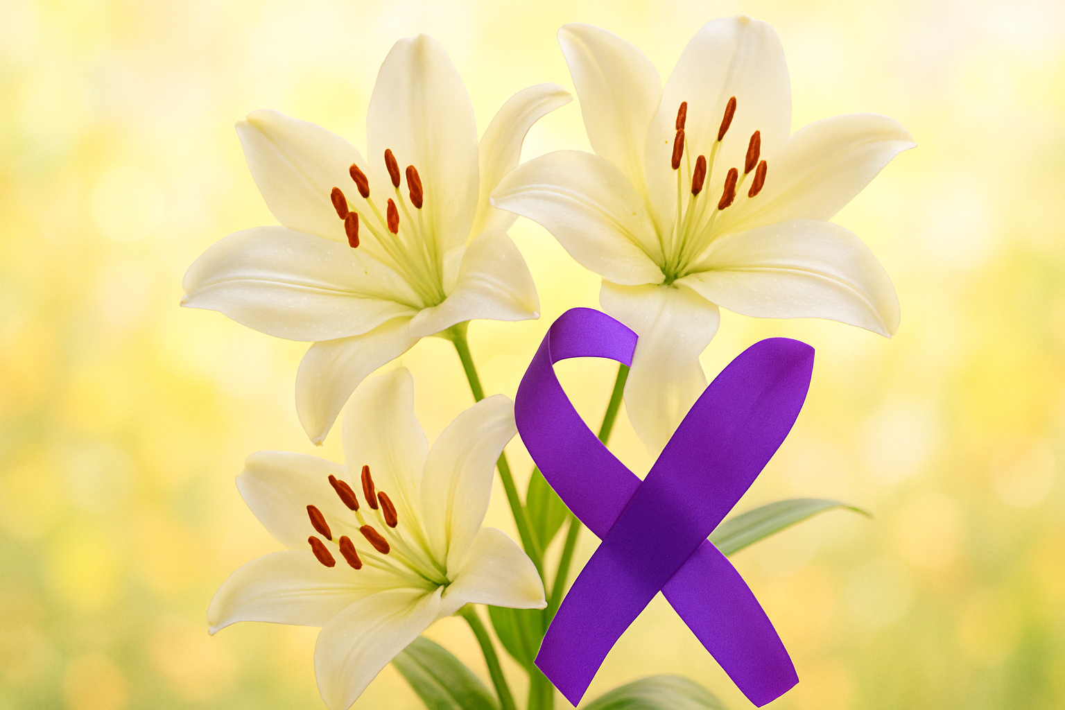 blooming Lilies with a vibrant light background and the ribbon for domestic violence